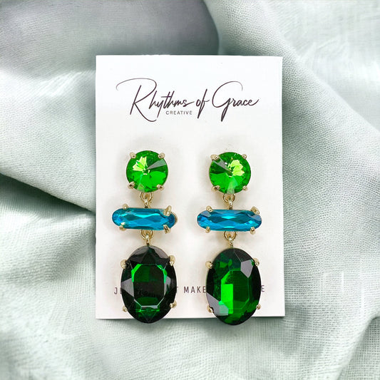 Dazzle & Drop It – Green & Blue Rhinestone Glam Earrings with Tassels 💚💙 - Rhythms of Grace Creative