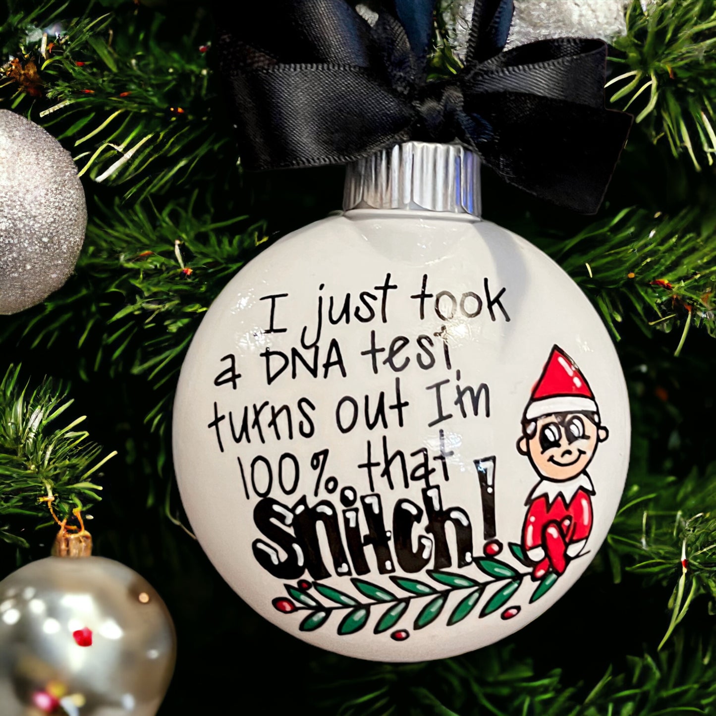 Funny Elf Ornament – “100% That Snitch” Christmas Tree Décor