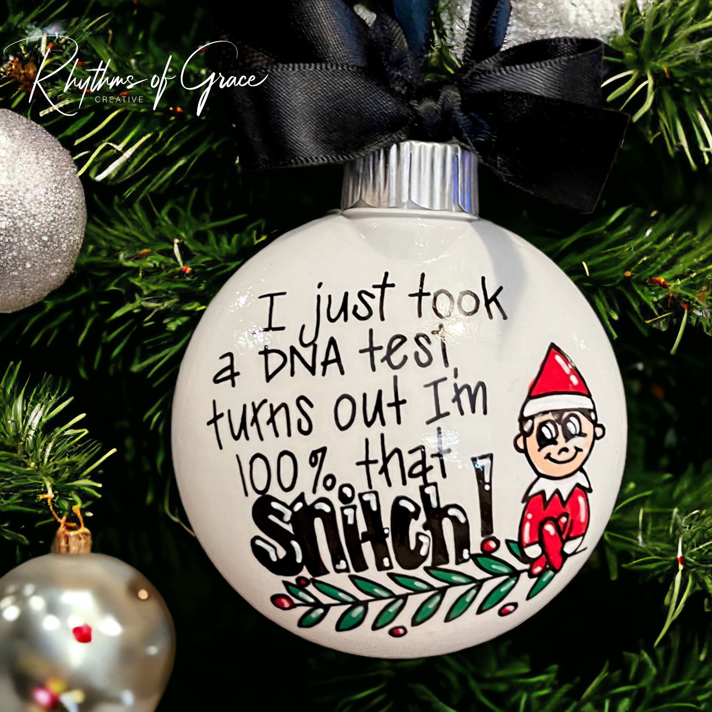 Funny Elf Ornament – “100% That Snitch” Christmas Tree Décor