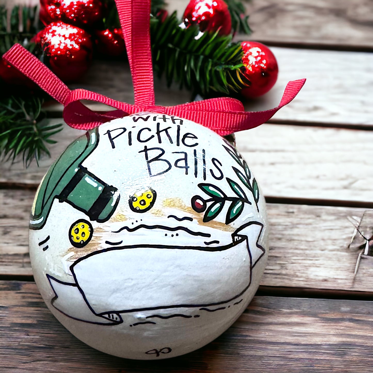 Deck the Halls with Pickle Balls Christmas Ornament - Hand-Painted and Personalized
