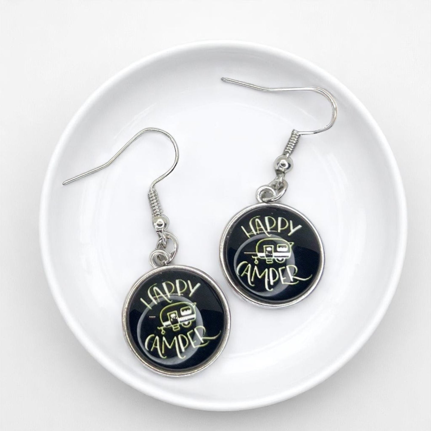 Embrace the Journey with "Happy Camper" Cabochon Dangle Earrings