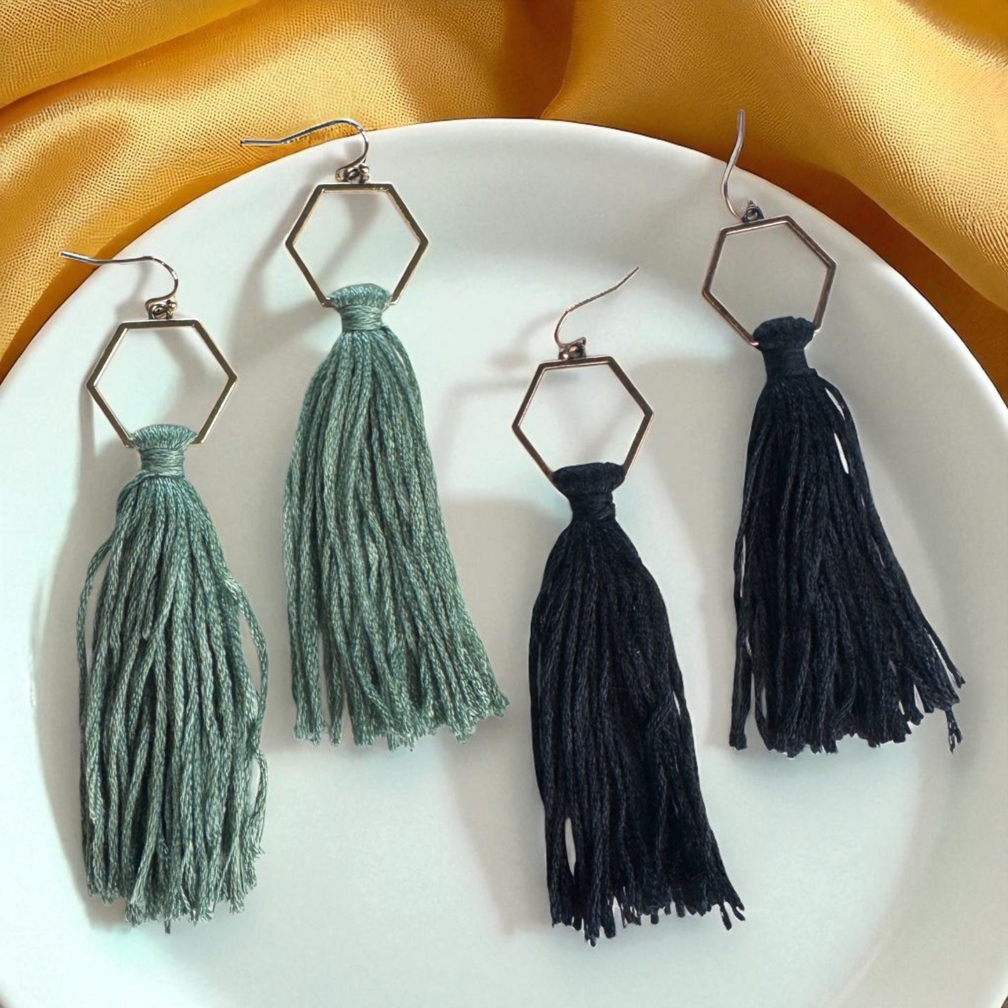 Boho Tassel Dangle Earrings – Sage Green or Black | Western Chic Jewelry