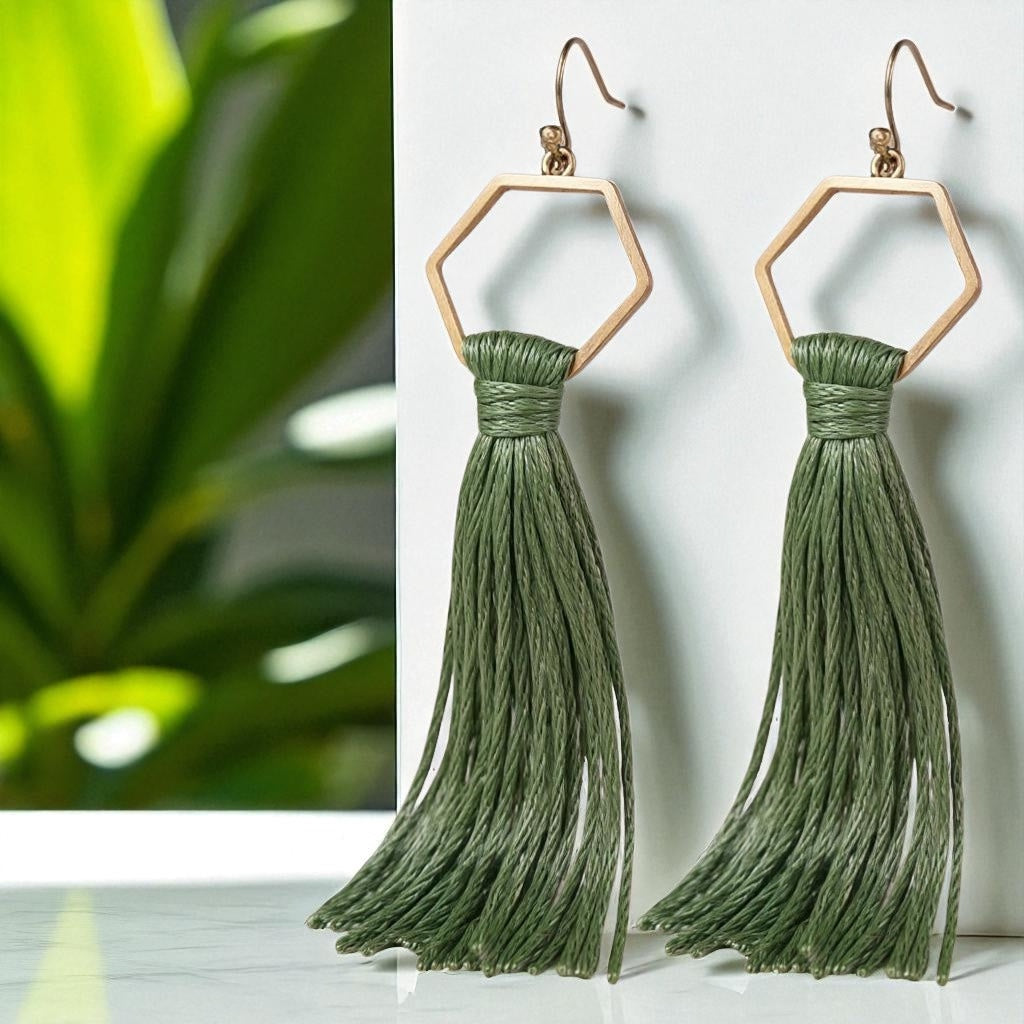 Boho Tassel Dangle Earrings – Sage Green or Black | Western Chic Jewelry