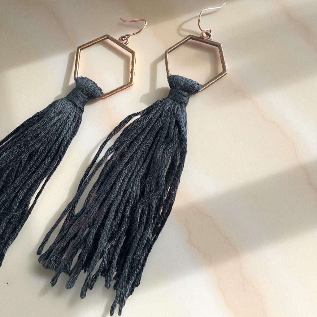 Boho Tassel Dangle Earrings – Sage Green or Black | Western Chic Jewelry