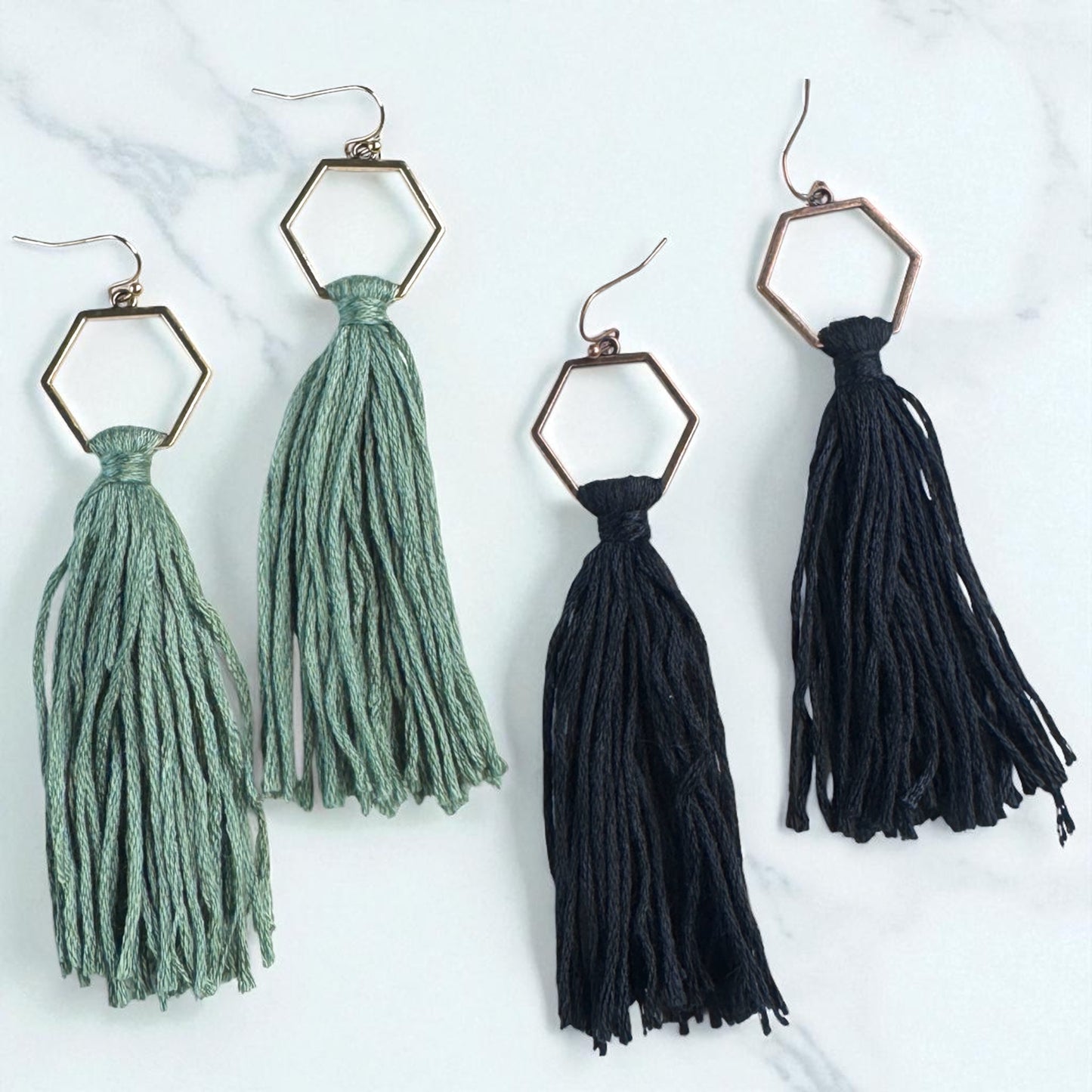 Boho Tassel Dangle Earrings – Sage Green or Black | Western Chic Jewelry