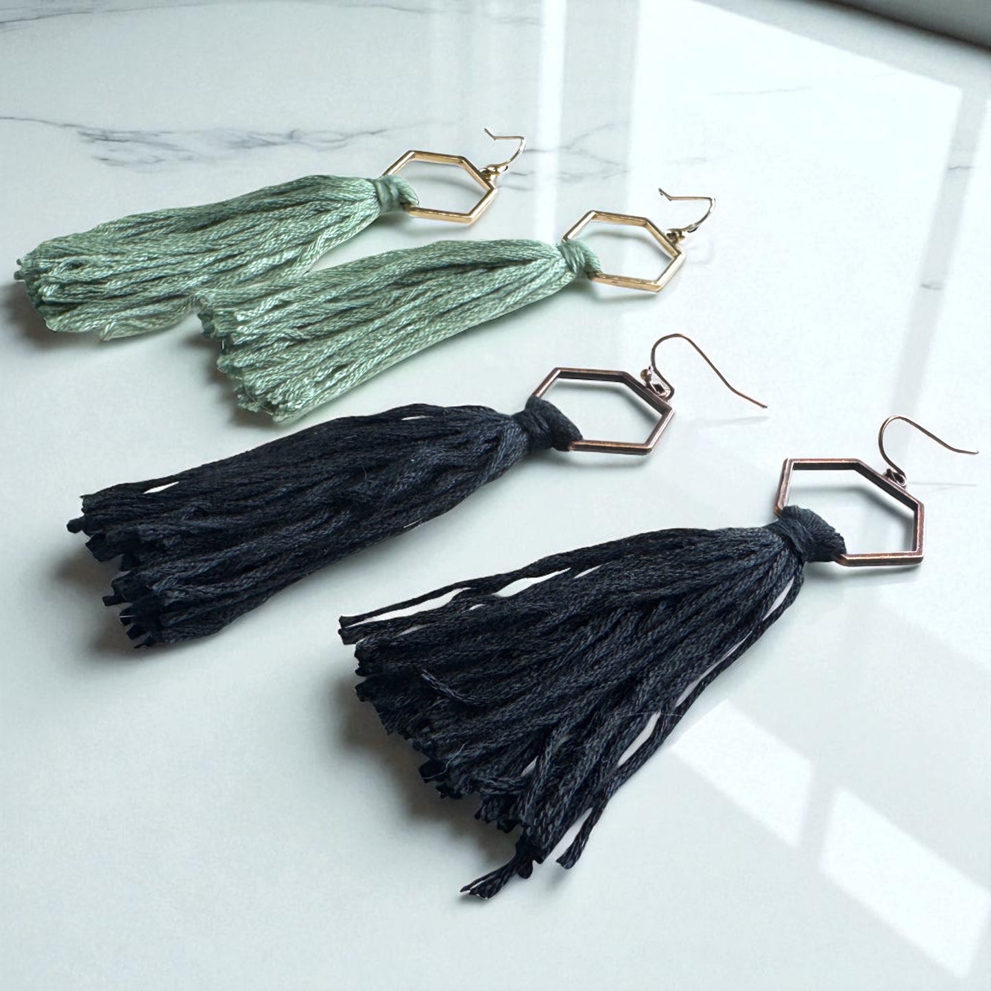 Boho Tassel Dangle Earrings – Sage Green or Black | Western Chic Jewelry
