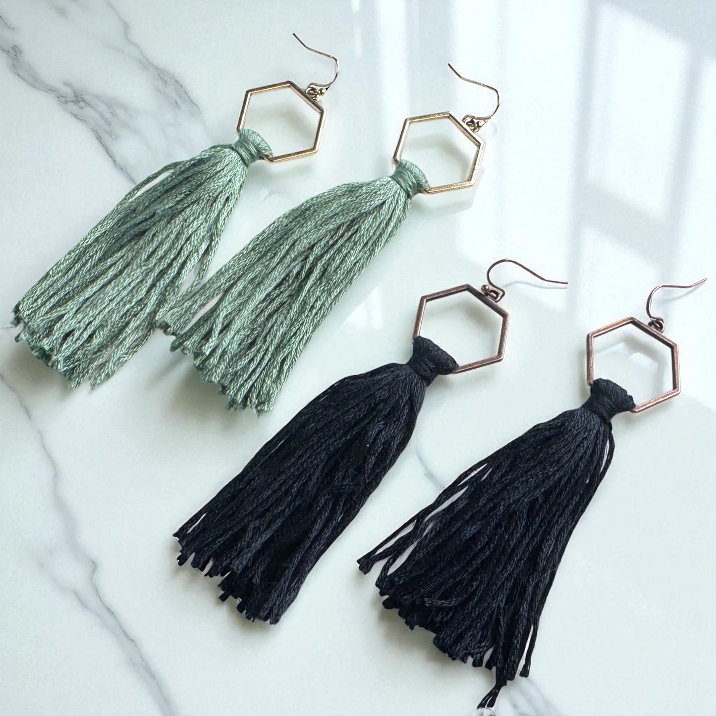 Boho Tassel Dangle Earrings – Sage Green or Black | Western Chic Jewelry