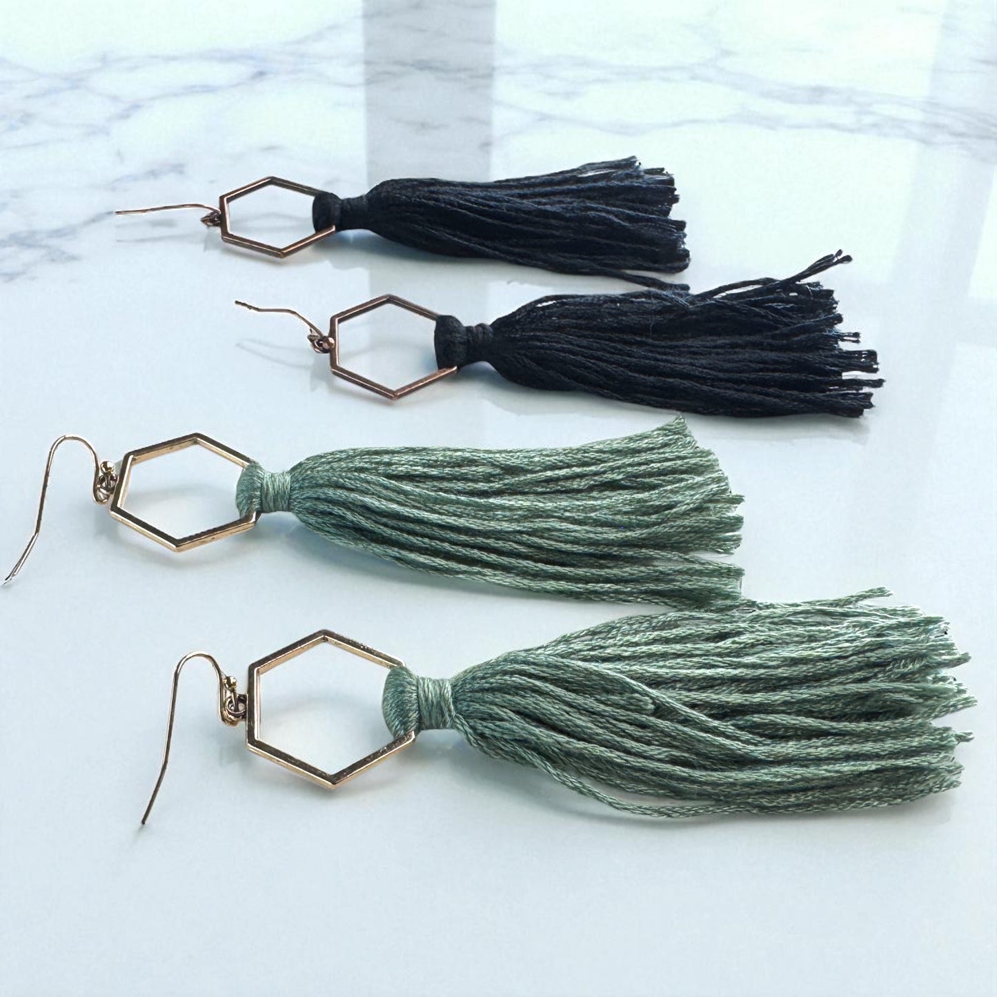 Boho Tassel Dangle Earrings – Sage Green or Black | Western Chic Jewelry