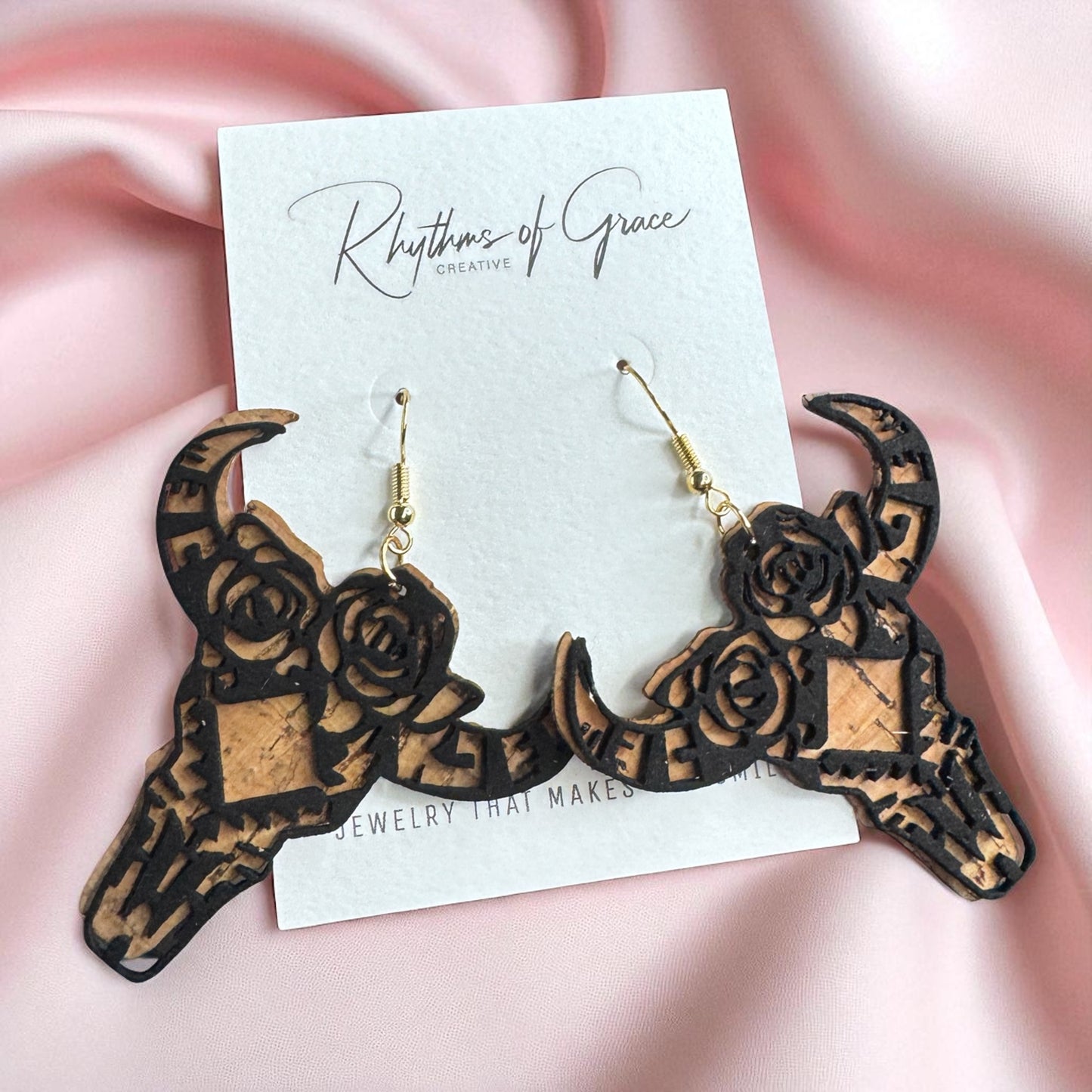 Western Cork & Leather Dangle Earrings – Longhorn or Feather | Boho Rodeo Jewelry