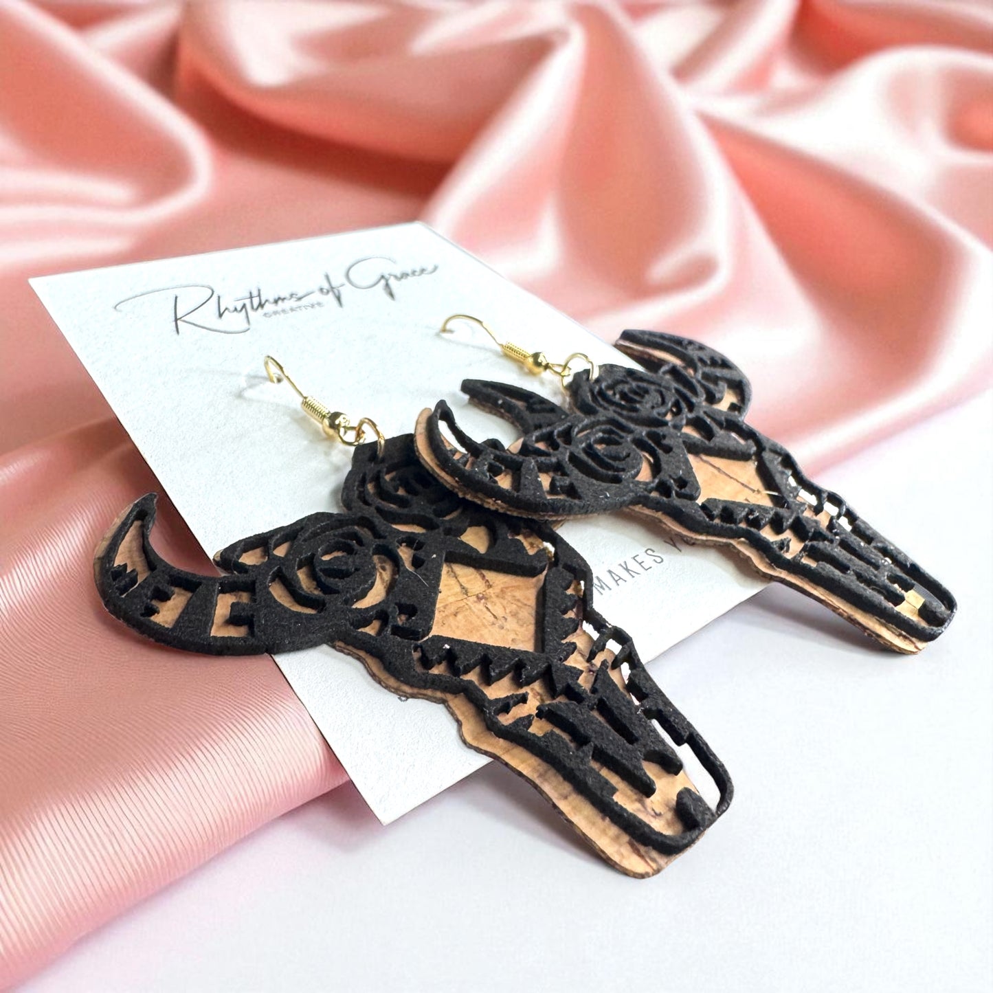 Western Cork & Leather Dangle Earrings – Longhorn or Feather | Boho Rodeo Jewelry