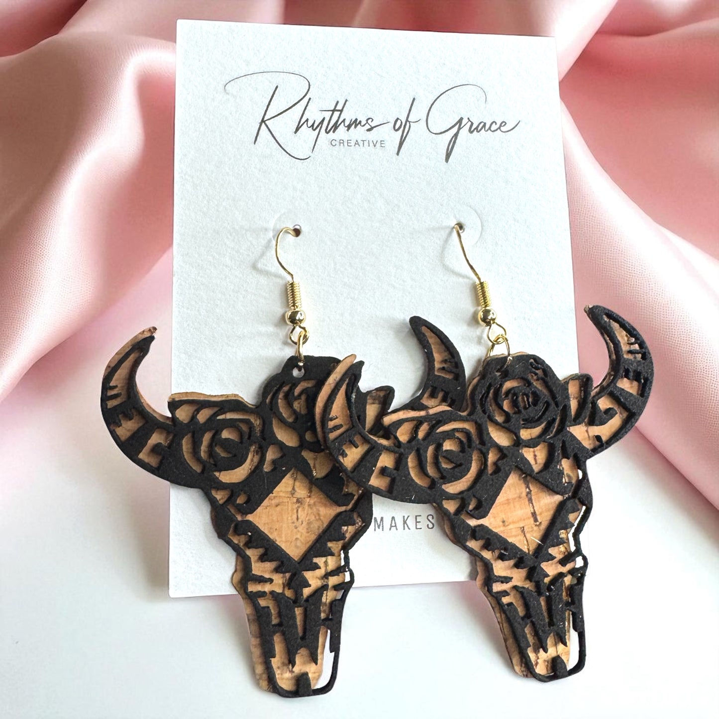 Western Cork & Leather Dangle Earrings – Longhorn or Feather | Boho Rodeo Jewelry