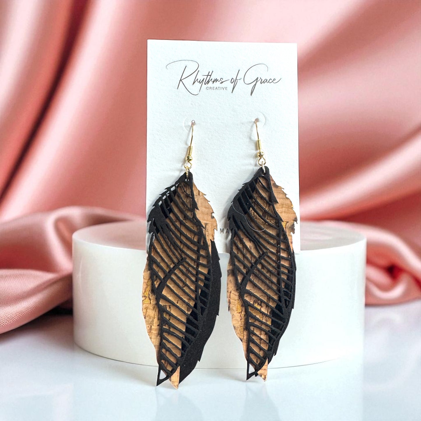 Western Cork & Leather Dangle Earrings – Longhorn or Feather | Boho Rodeo Jewelry