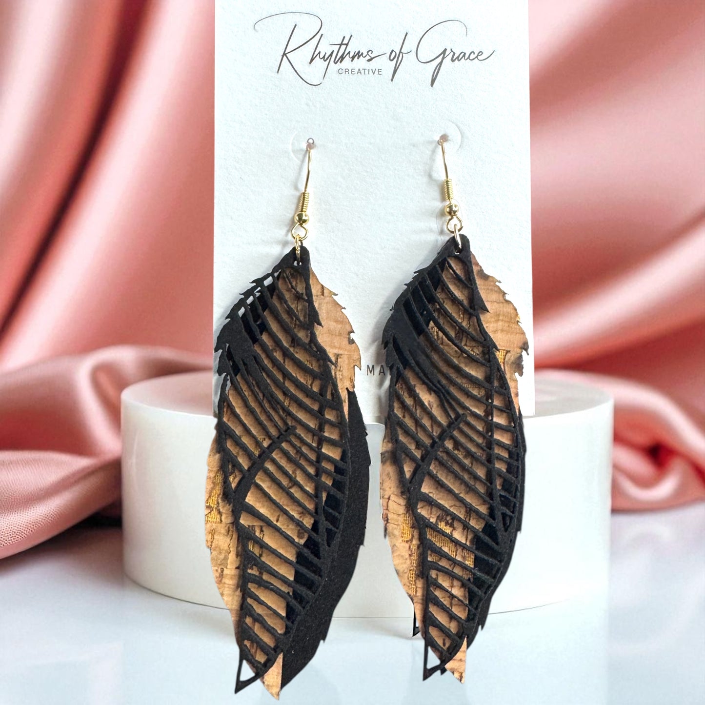 Western Cork & Leather Dangle Earrings – Longhorn or Feather | Boho Rodeo Jewelry