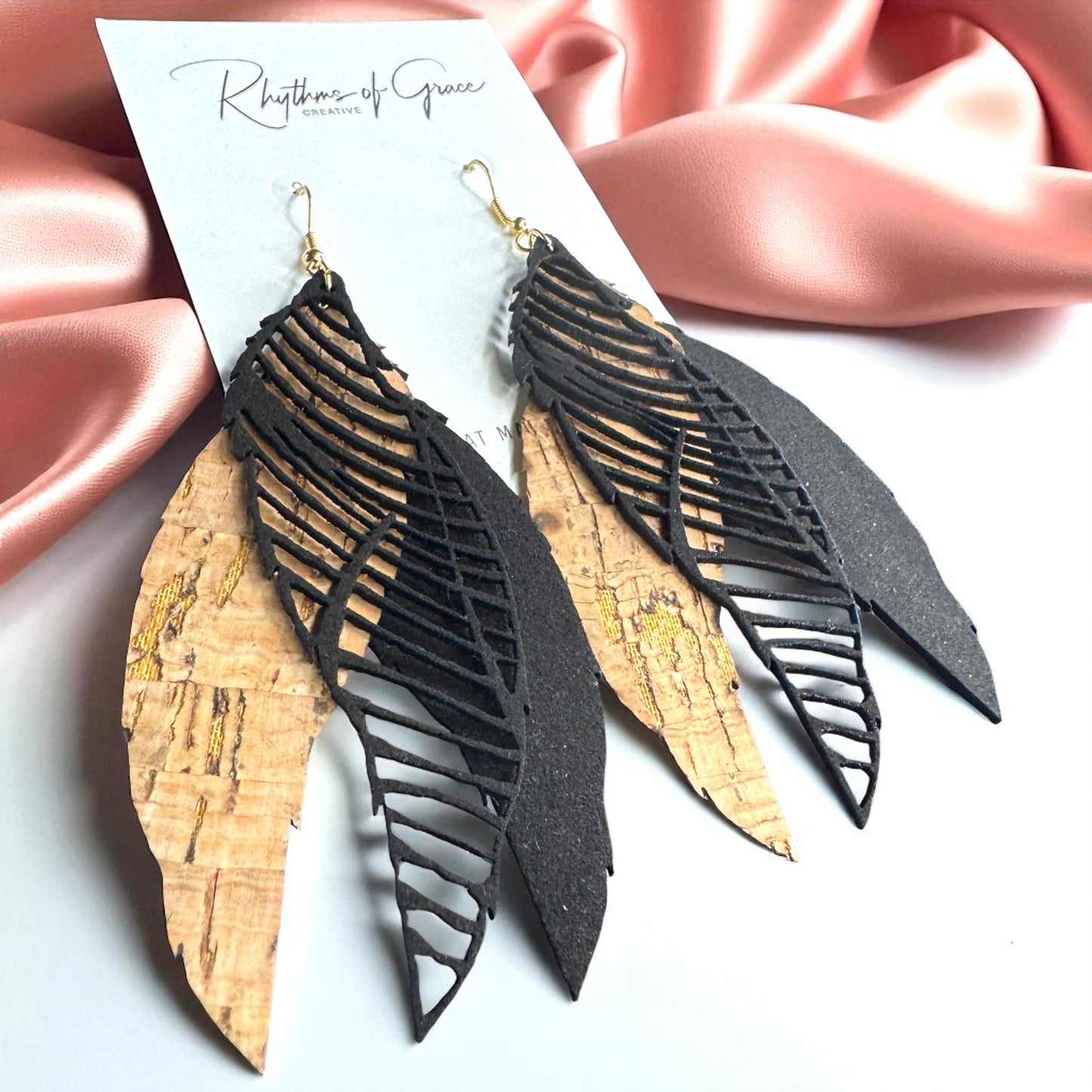 Western Cork & Leather Dangle Earrings – Longhorn or Feather | Boho Rodeo Jewelry