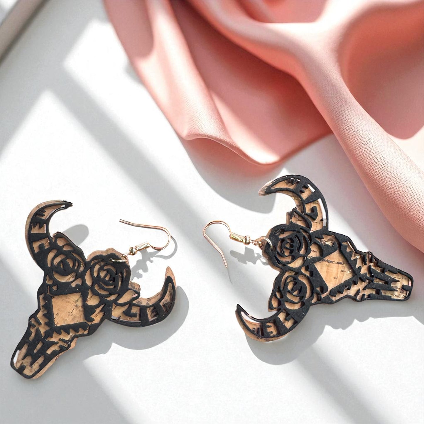 Western Cork & Leather Dangle Earrings – Longhorn or Feather | Boho Rodeo Jewelry
