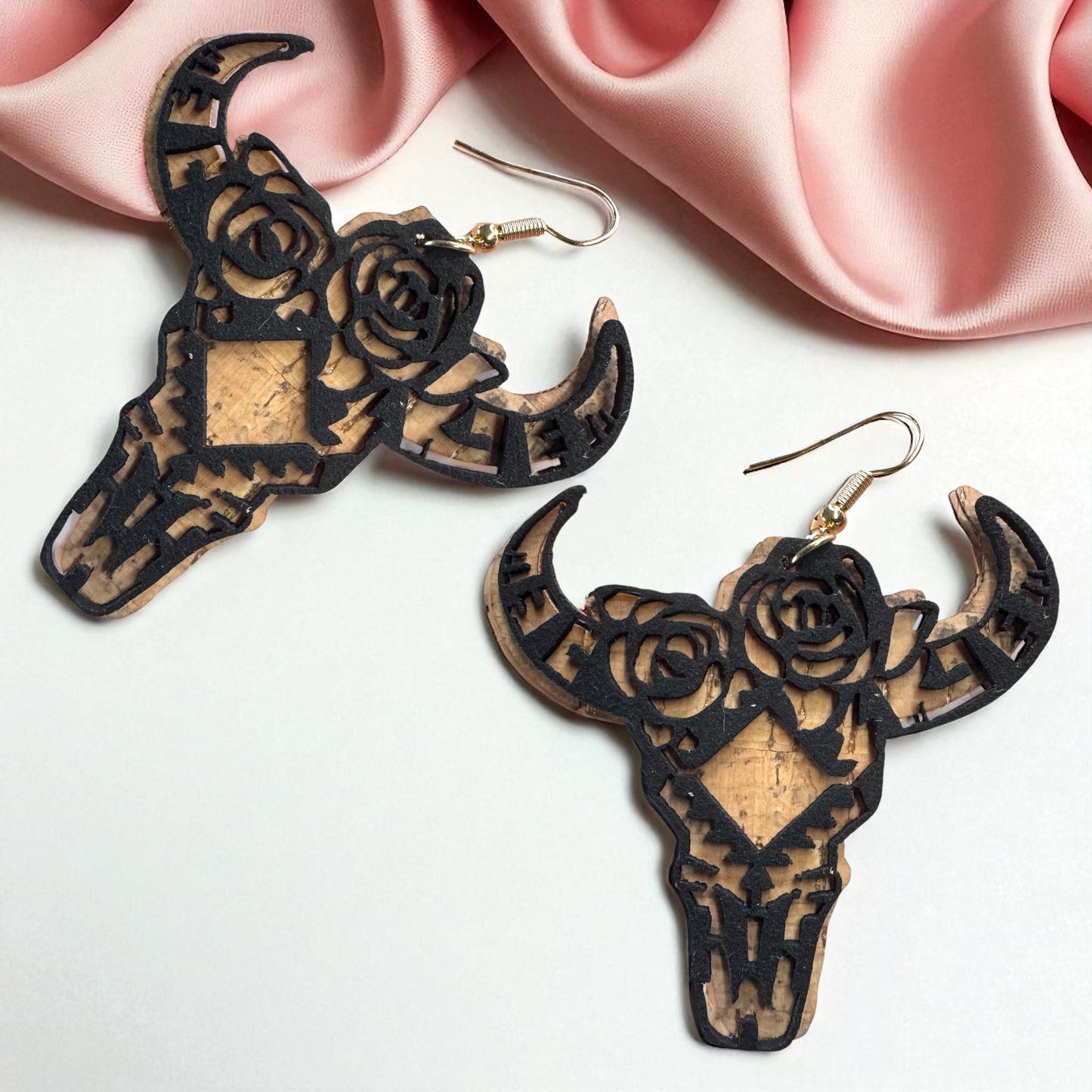 Western Cork & Leather Dangle Earrings – Longhorn or Feather | Boho Rodeo Jewelry