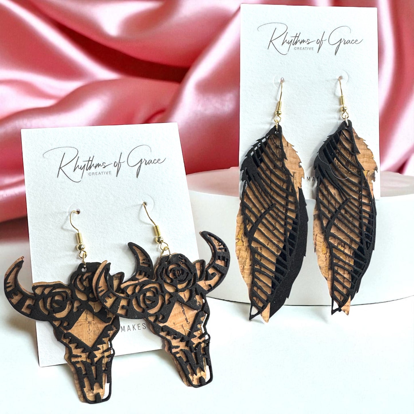Western Cork & Leather Dangle Earrings – Longhorn or Feather | Boho Rodeo Jewelry