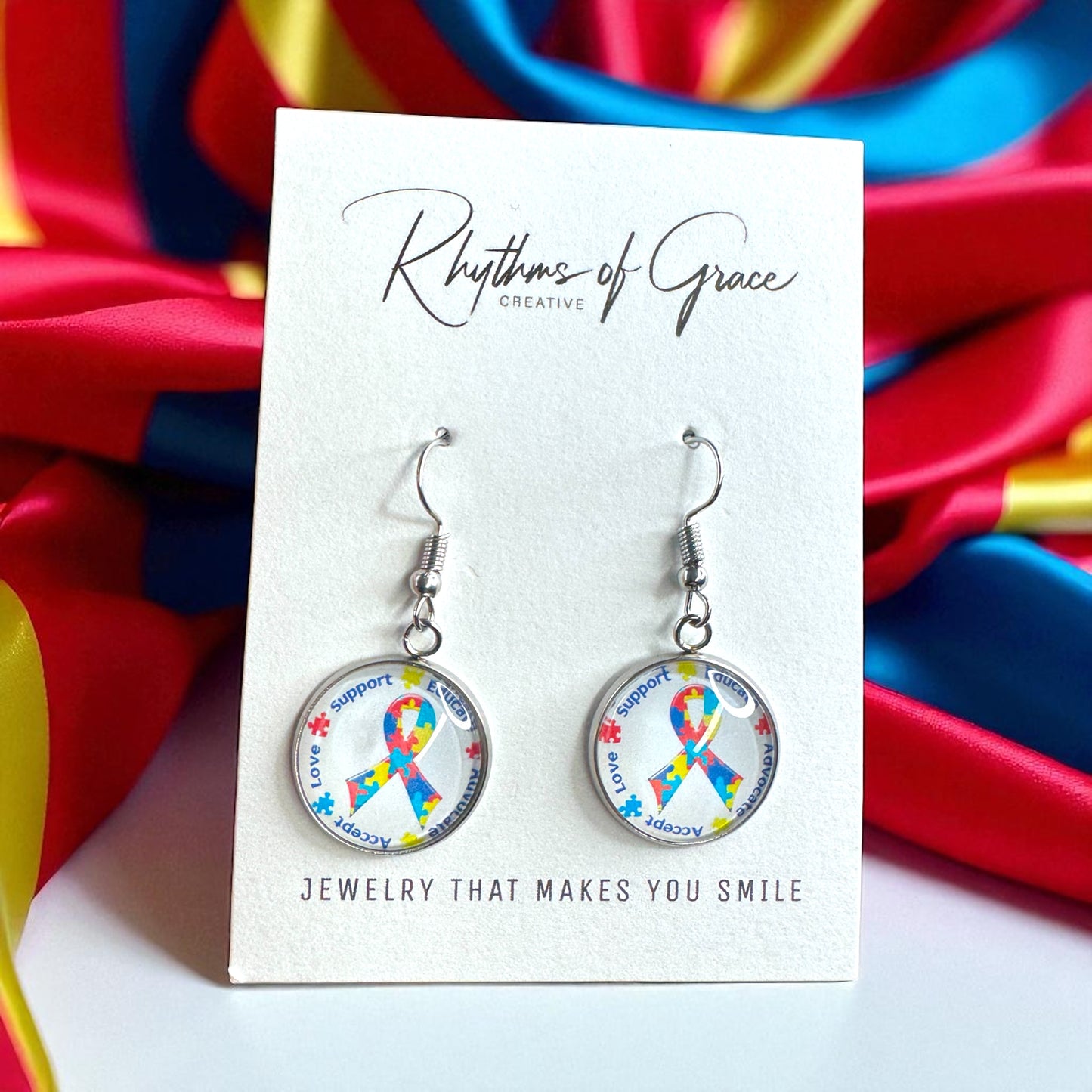 Autism Awareness Dangle Earrings โ 2 Colorful Cabochon Designs