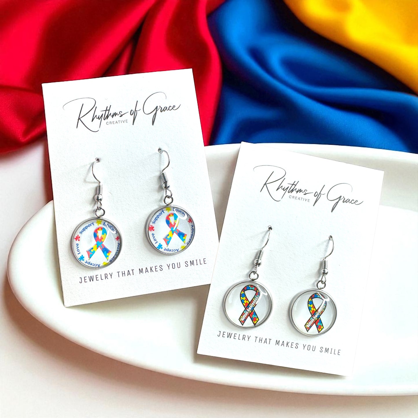 Autism Awareness Dangle Earrings โ 2 Colorful Cabochon Designs