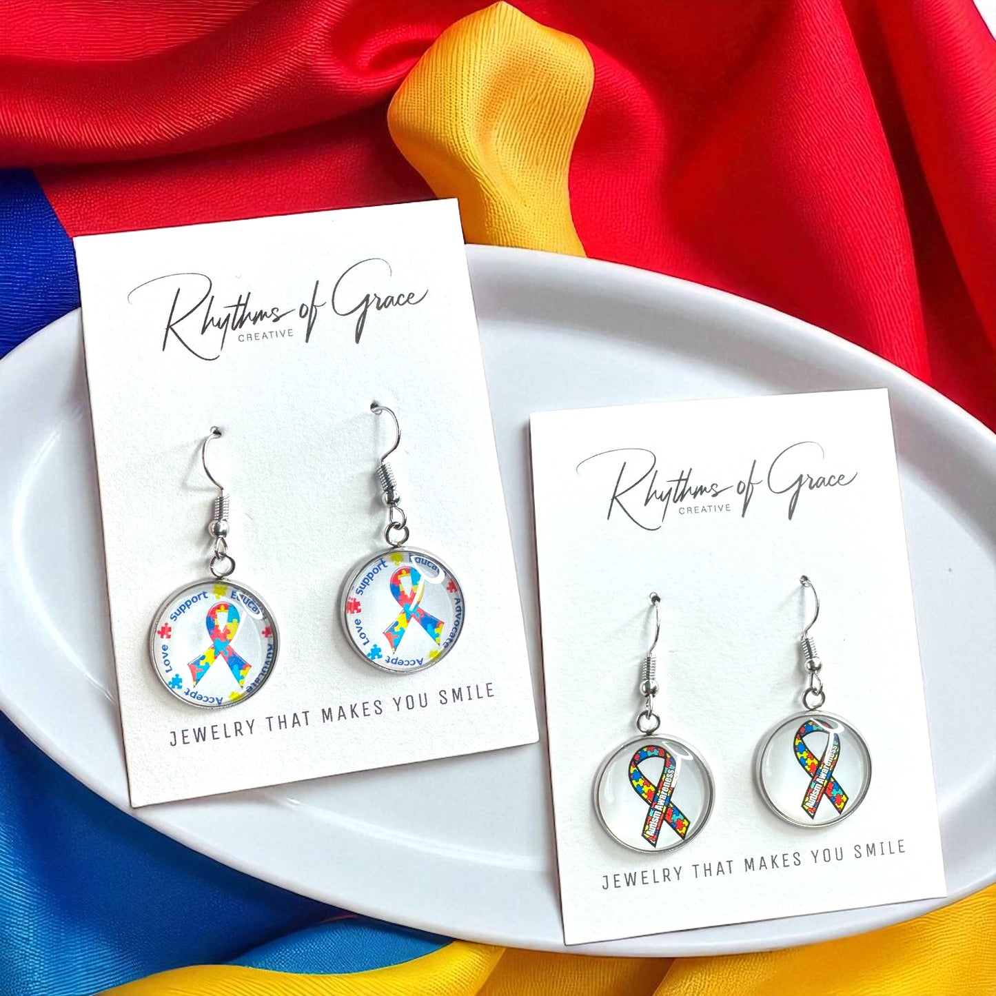 Autism Awareness Dangle Earrings โ 2 Colorful Cabochon Designs