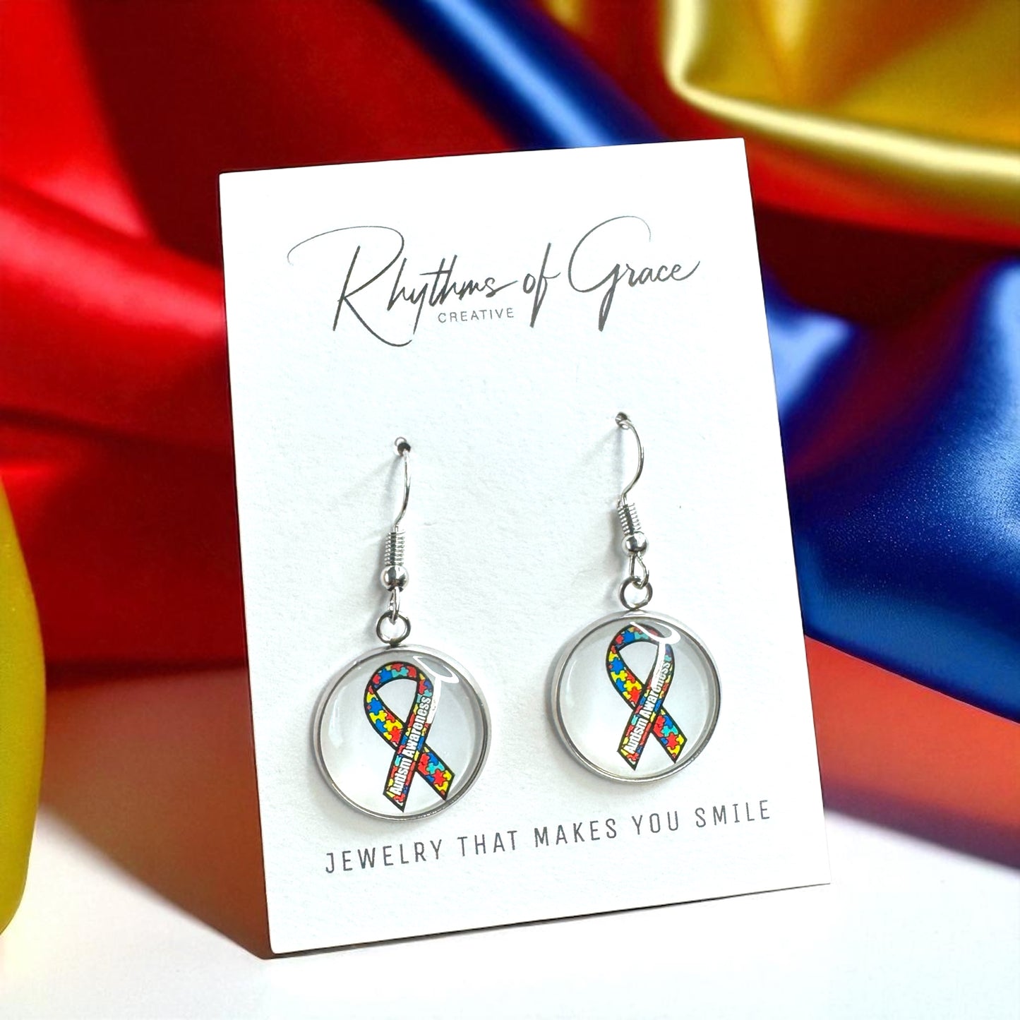 Autism Awareness Dangle Earrings โ 2 Colorful Cabochon Designs