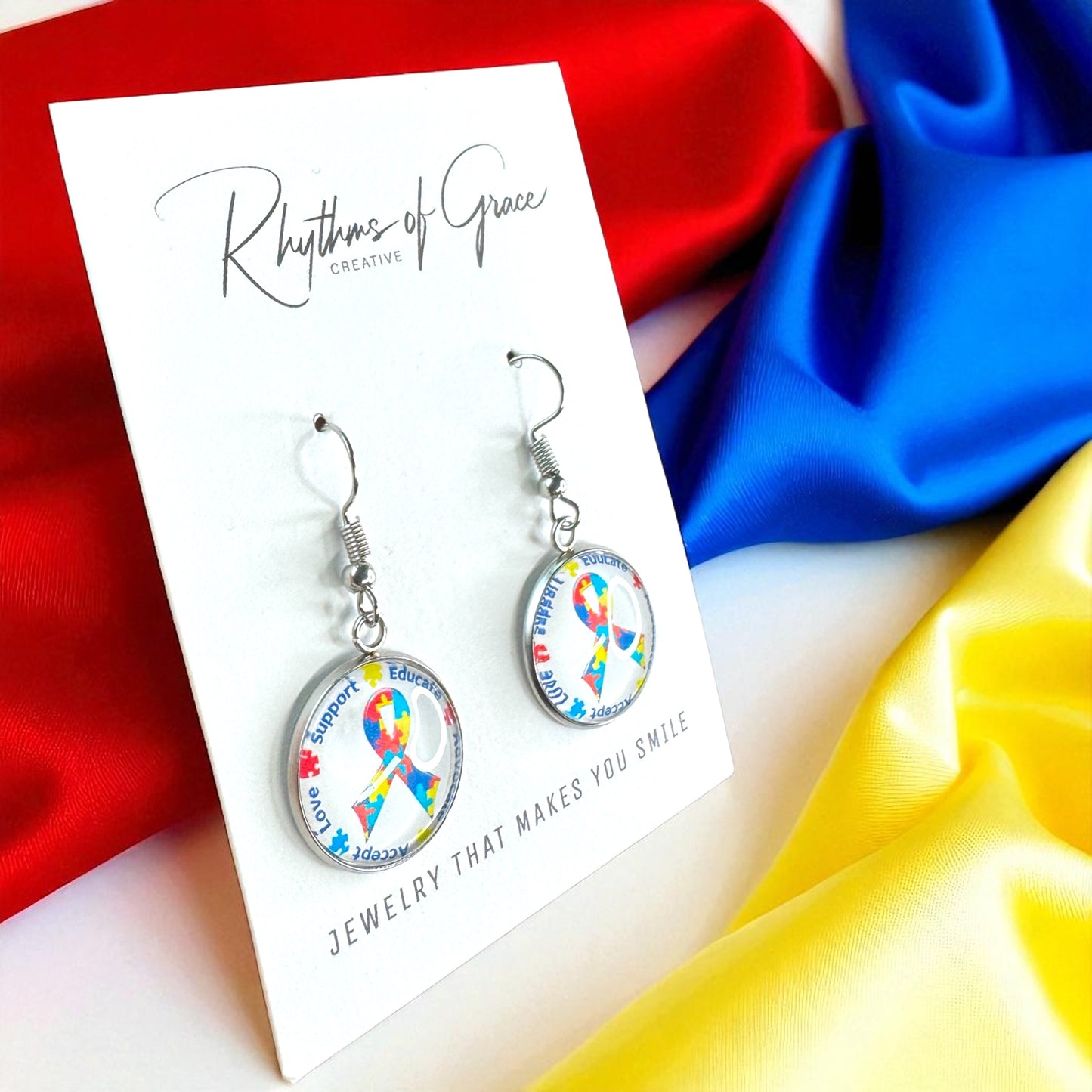 Autism Awareness Dangle Earrings โ 2 Colorful Cabochon Designs