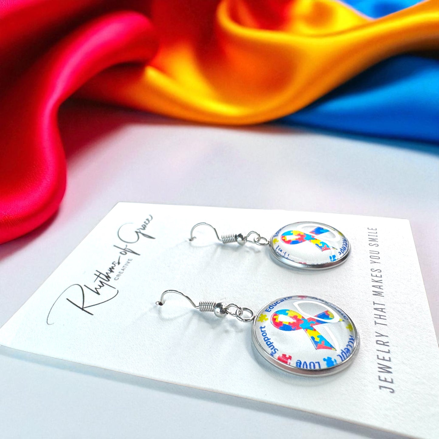 Autism Awareness Dangle Earrings โ 2 Colorful Cabochon Designs