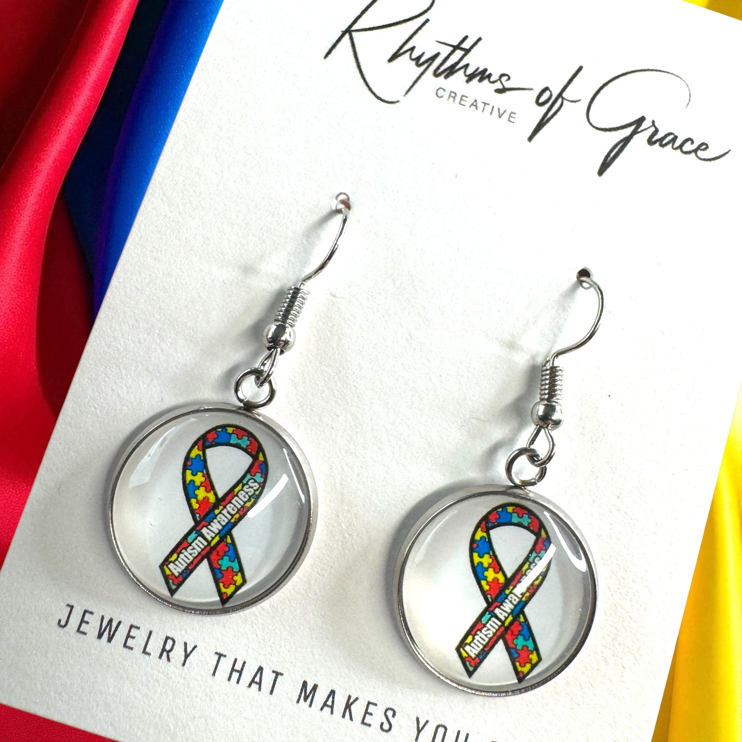 Autism Awareness Dangle Earrings โ 2 Colorful Cabochon Designs
