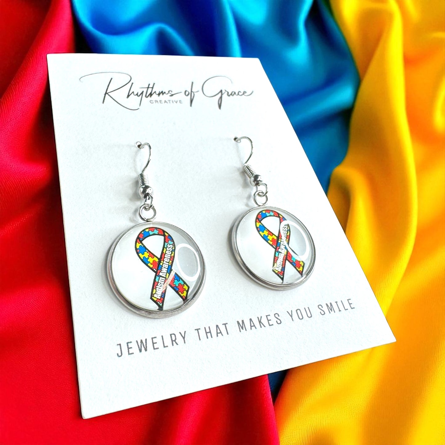 Autism Awareness Dangle Earrings โ 2 Colorful Cabochon Designs