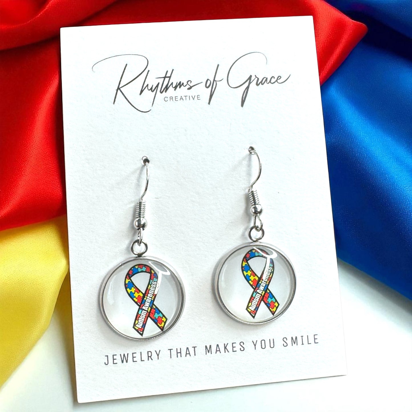 Autism Awareness Dangle Earrings โ 2 Colorful Cabochon Designs