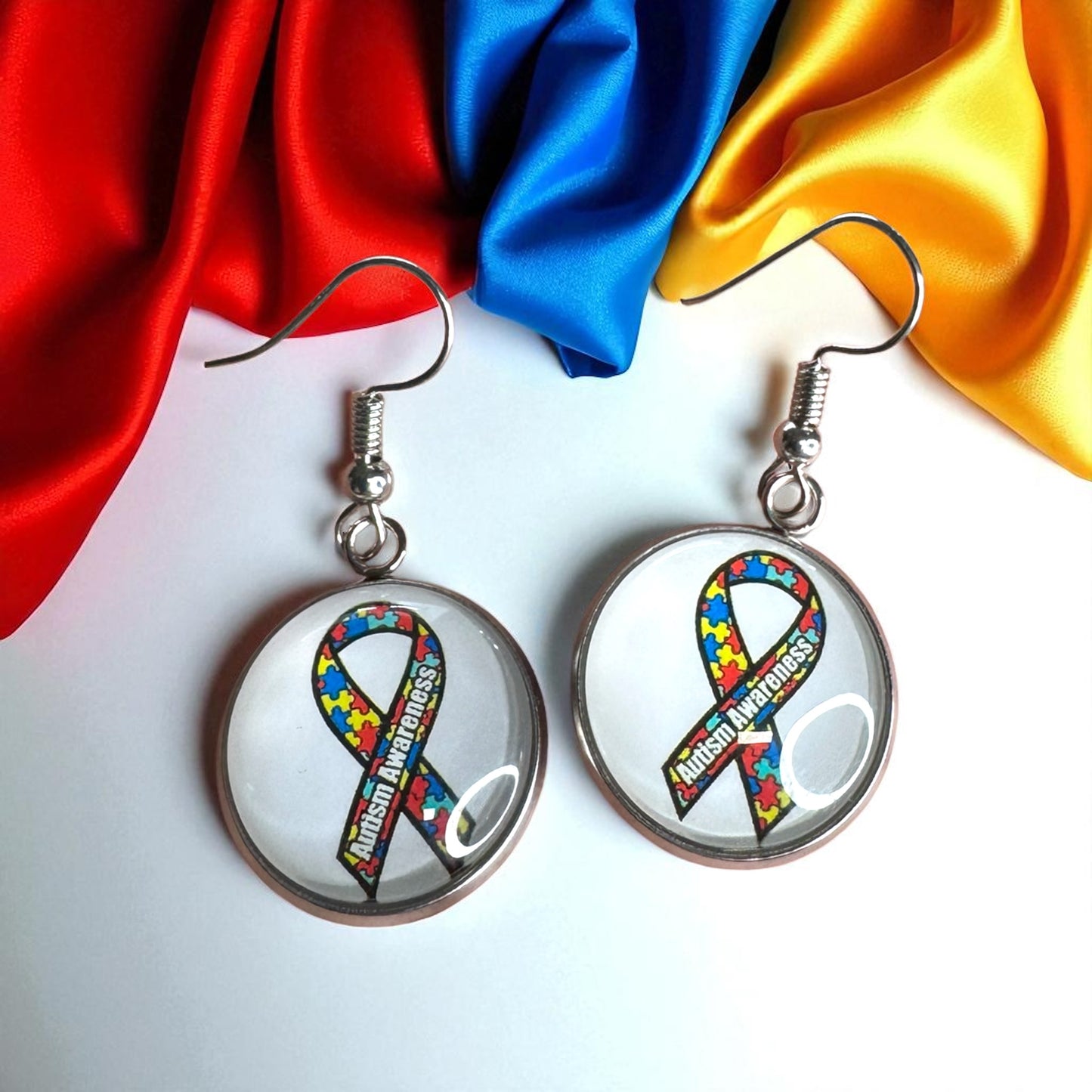 Autism Awareness Dangle Earrings โ 2 Colorful Cabochon Designs
