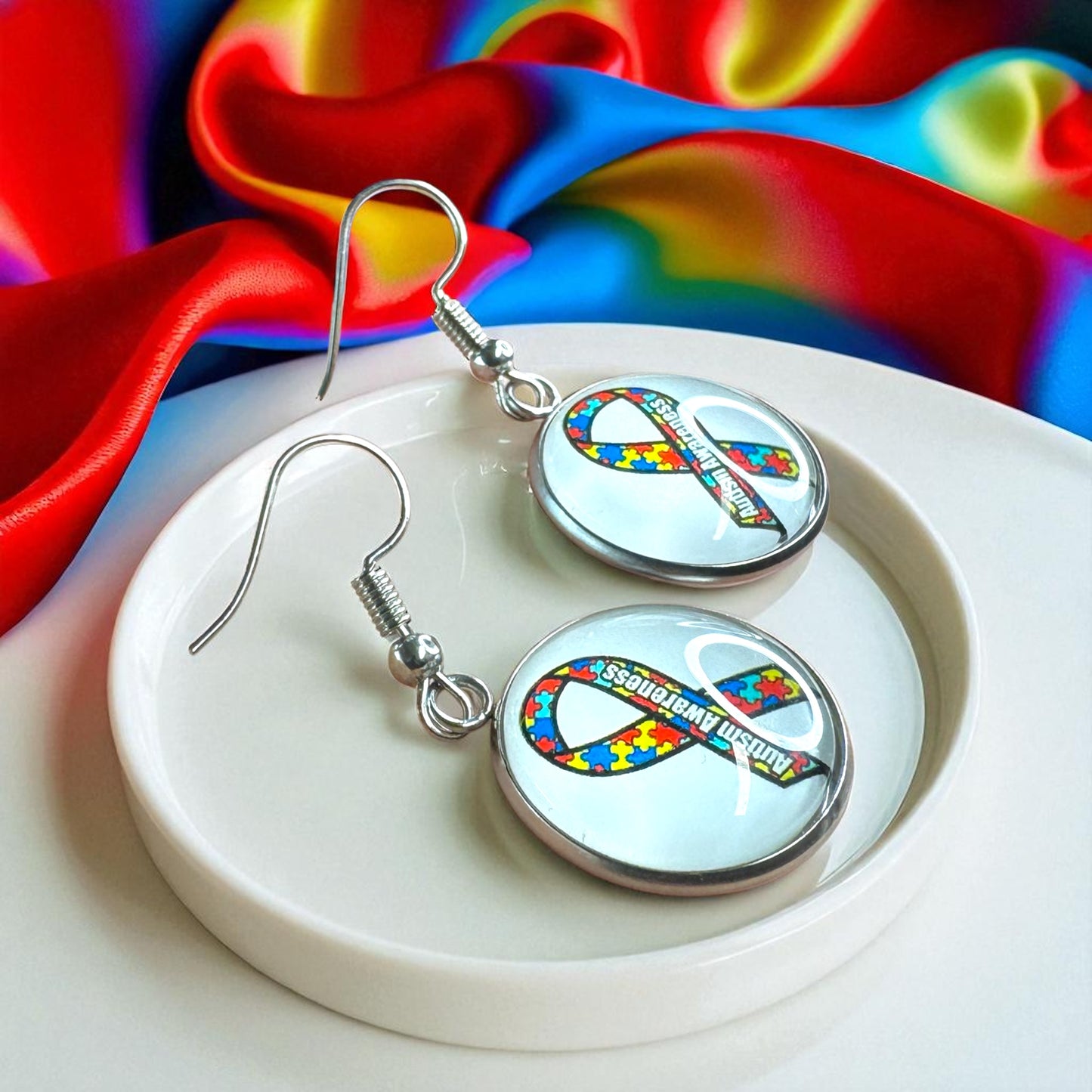 Autism Awareness Dangle Earrings โ 2 Colorful Cabochon Designs