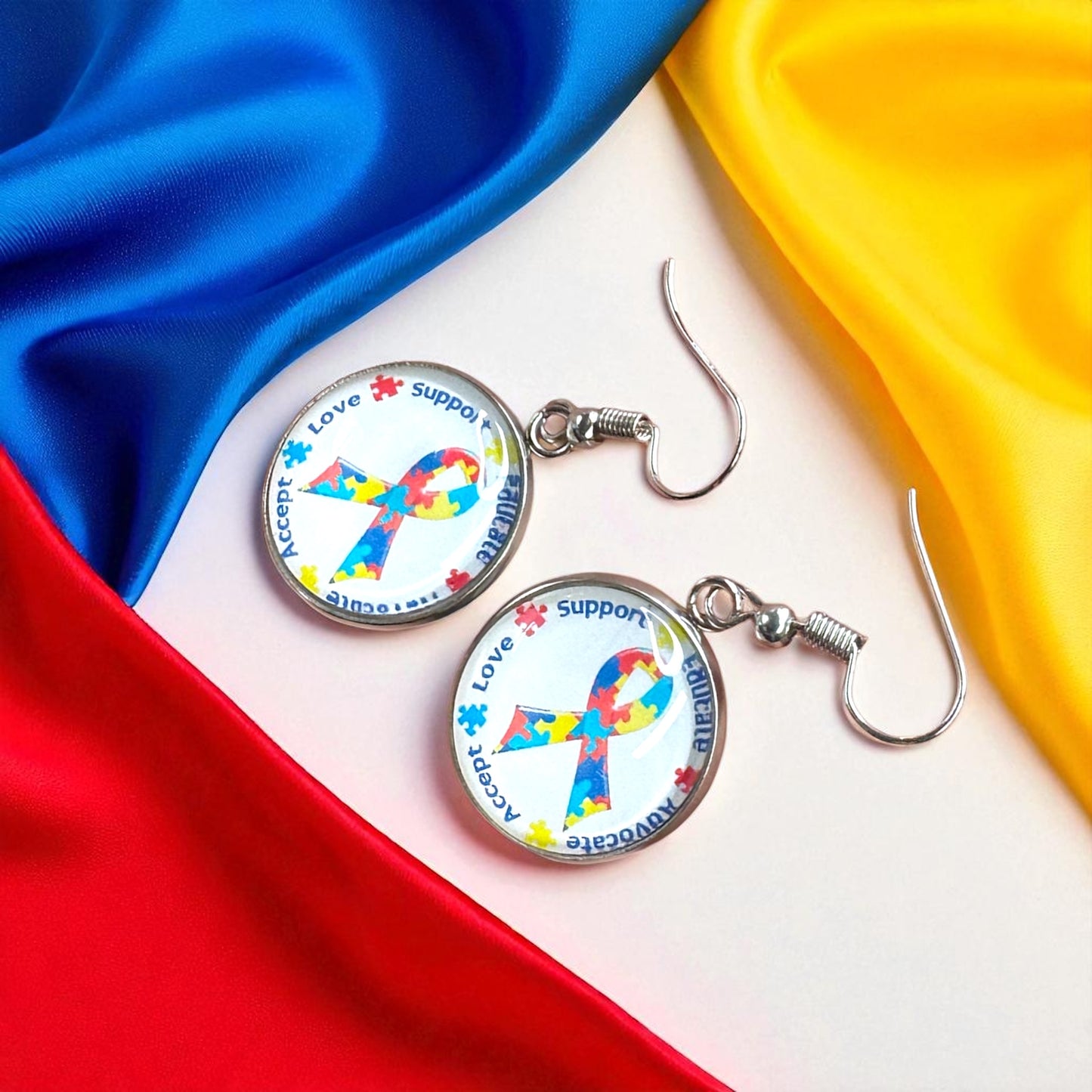 Autism Awareness Dangle Earrings โ 2 Colorful Cabochon Designs