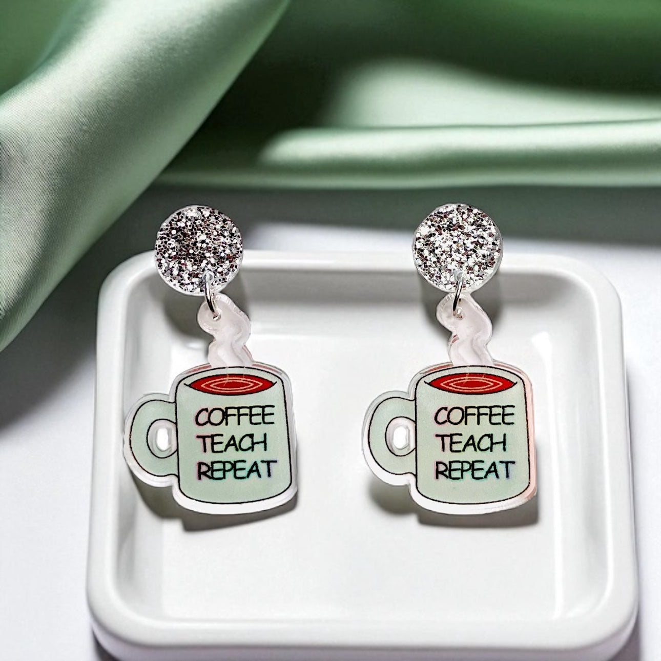 Coffee Teach Repeat Earrings – Caffeinated Style for Every Teacher! ☕