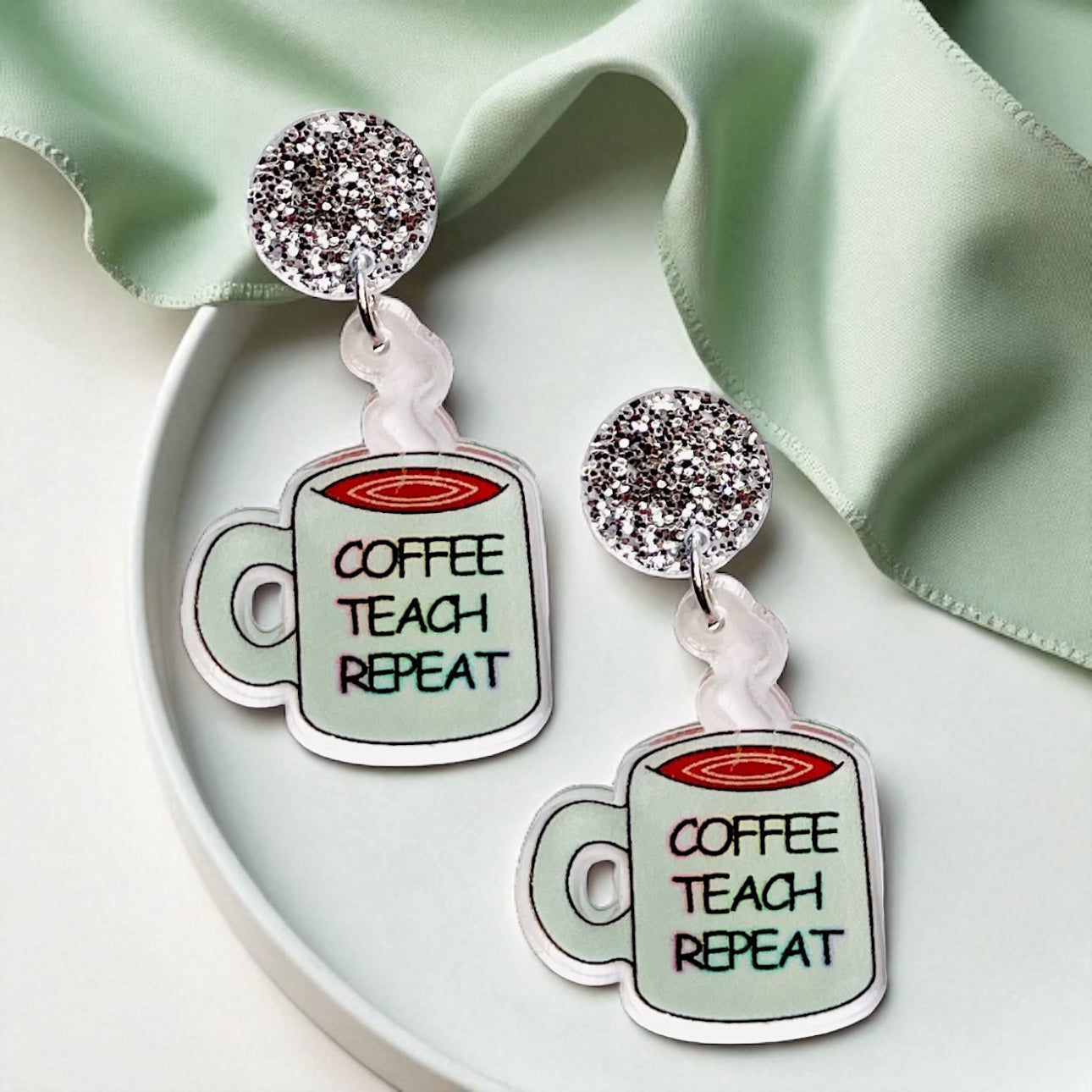 Coffee Teach Repeat Earrings – Caffeinated Style for Every Teacher! ☕