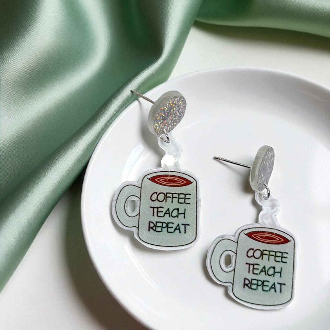 Coffee Teach Repeat Earrings – Caffeinated Style for Every Teacher! ☕