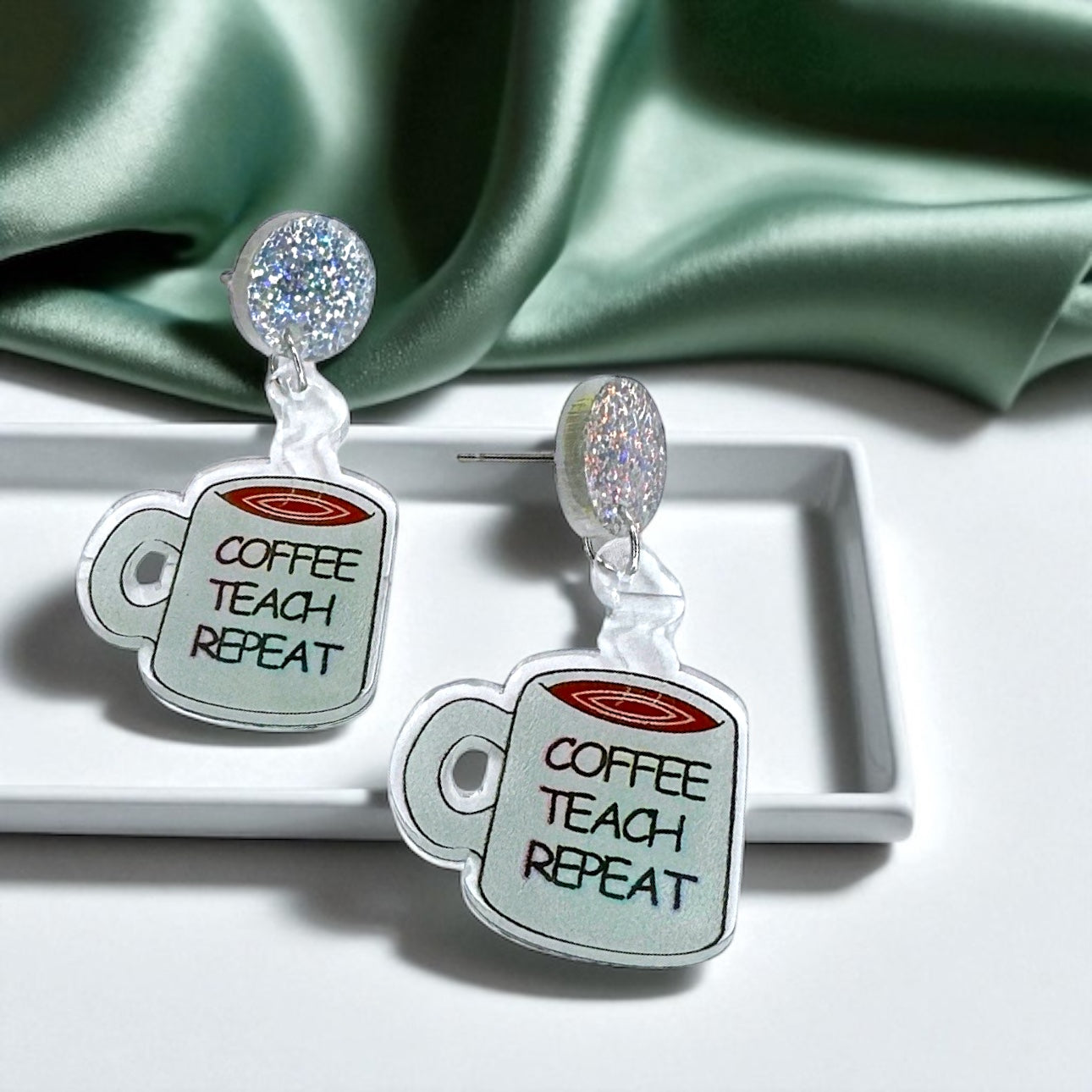 Coffee Teach Repeat Earrings – Caffeinated Style for Every Teacher! ☕