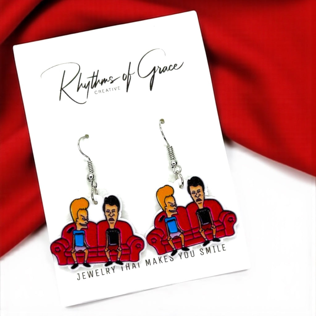 Retro Beavis & Butthead Earrings - Colorful 90's Cartoon Show Jewelry