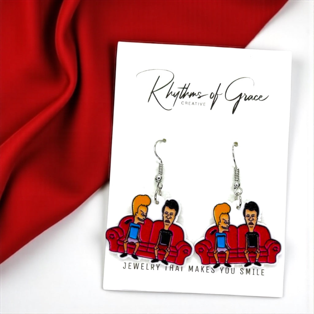 Retro Beavis & Butthead Earrings - Colorful 90's Cartoon Show Jewelry