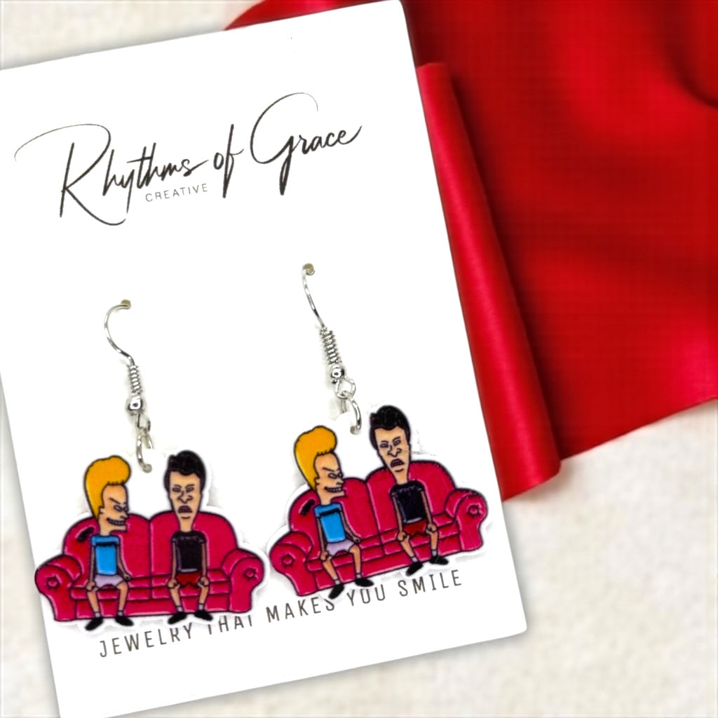 Retro Beavis & Butthead Earrings - Colorful 90's Cartoon Show Jewelry