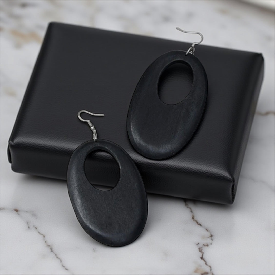 Go Big & Boho: Black Wooden Oval Dangle Earrings - Rhythms of Grace Creative