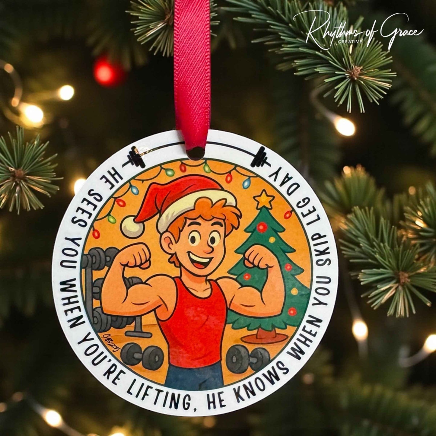 He Sees You When You’re Lifting – Funny Gym Christmas Ornament | Fitness Ornament for Gym Lovers