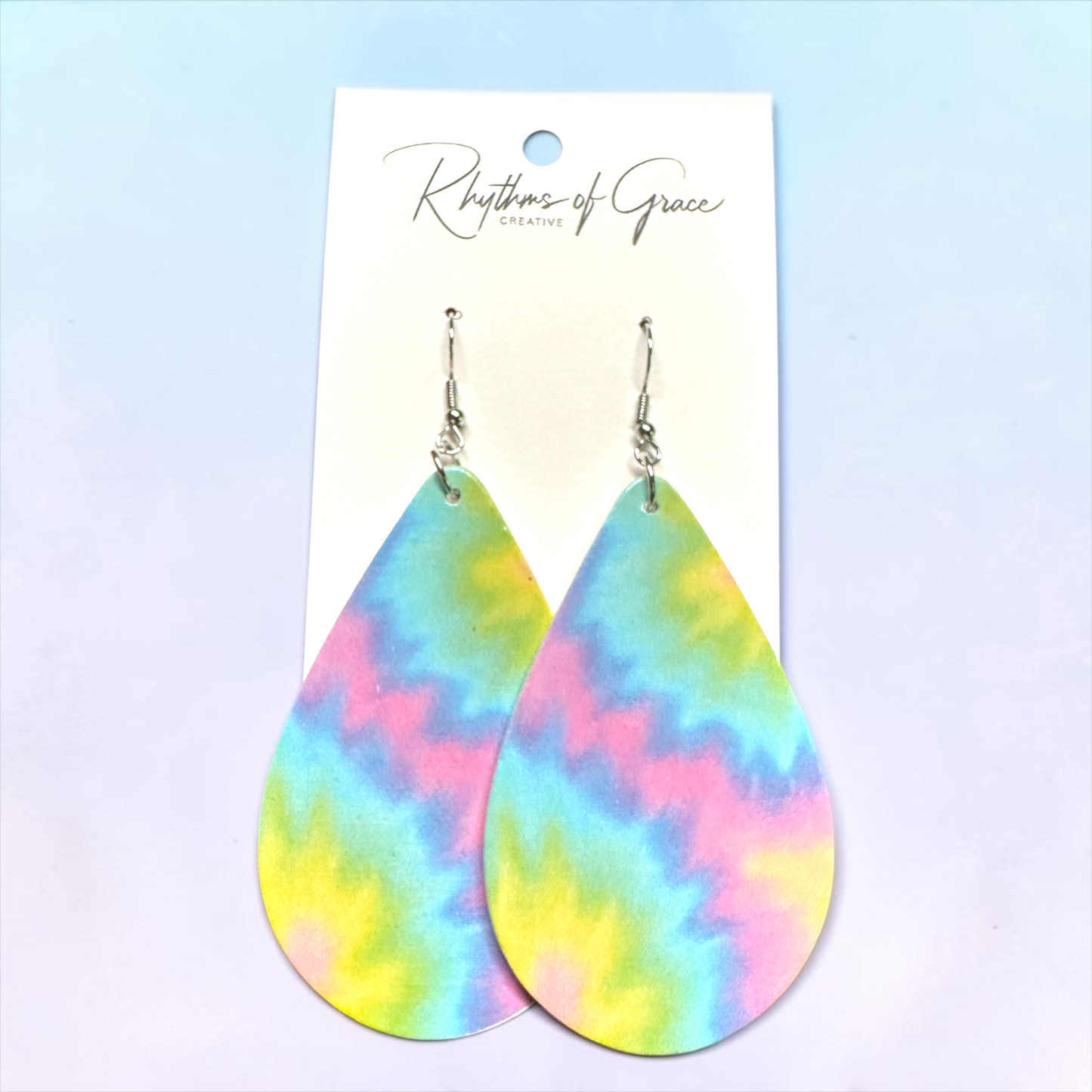 Pastel Tie Dye Teardrop Wood Earrings – Rainbow Boho Statement Earrings