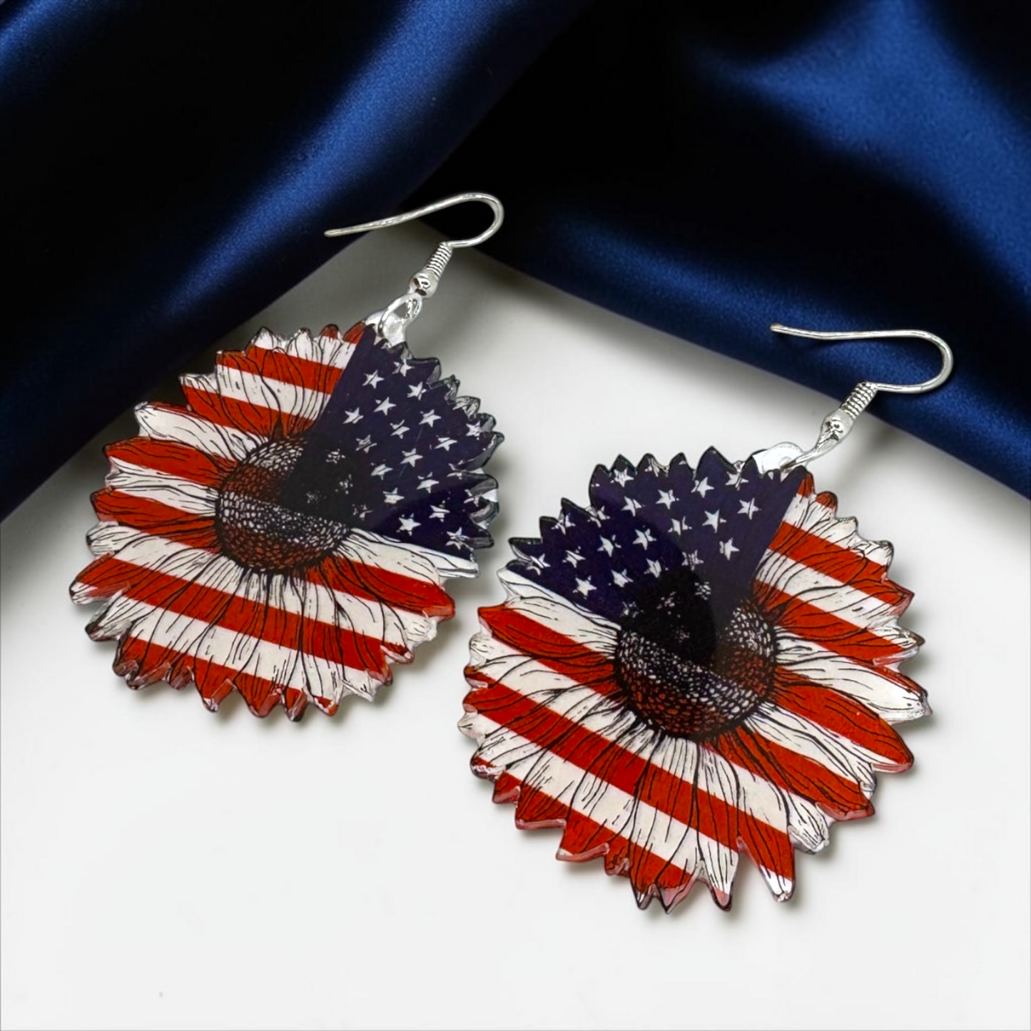 Patriotic Flower Dangle Earrings - Stars & Stripes Design