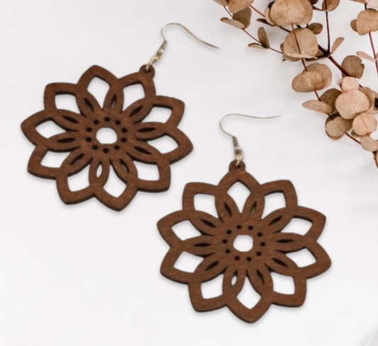 Wood Flower Earrings - Boho Style, Handmade Earrings, Boho Jewelry, Western Earrings, Brown Earrings, Wooden Earrings, Bohemian Style