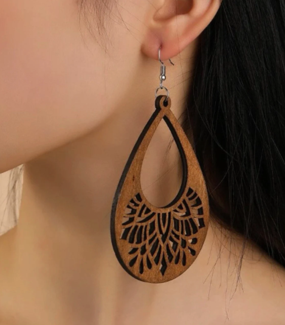 Teardrop Wood Earrings - Boho Style, Handmade Earrings, Boho Jewelry, Western Earrings, Black Earrings, Wooden Earrings, Bohemian Style - Rhythms of Grace Creative