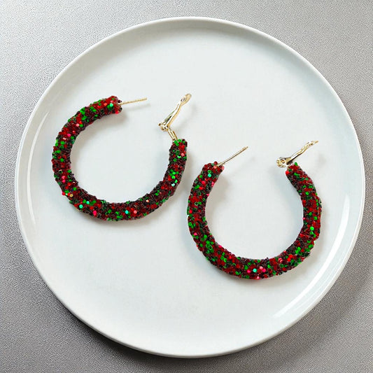Sparkling Christmas Hoop Earrings: Dazzle in Red & White! ✨