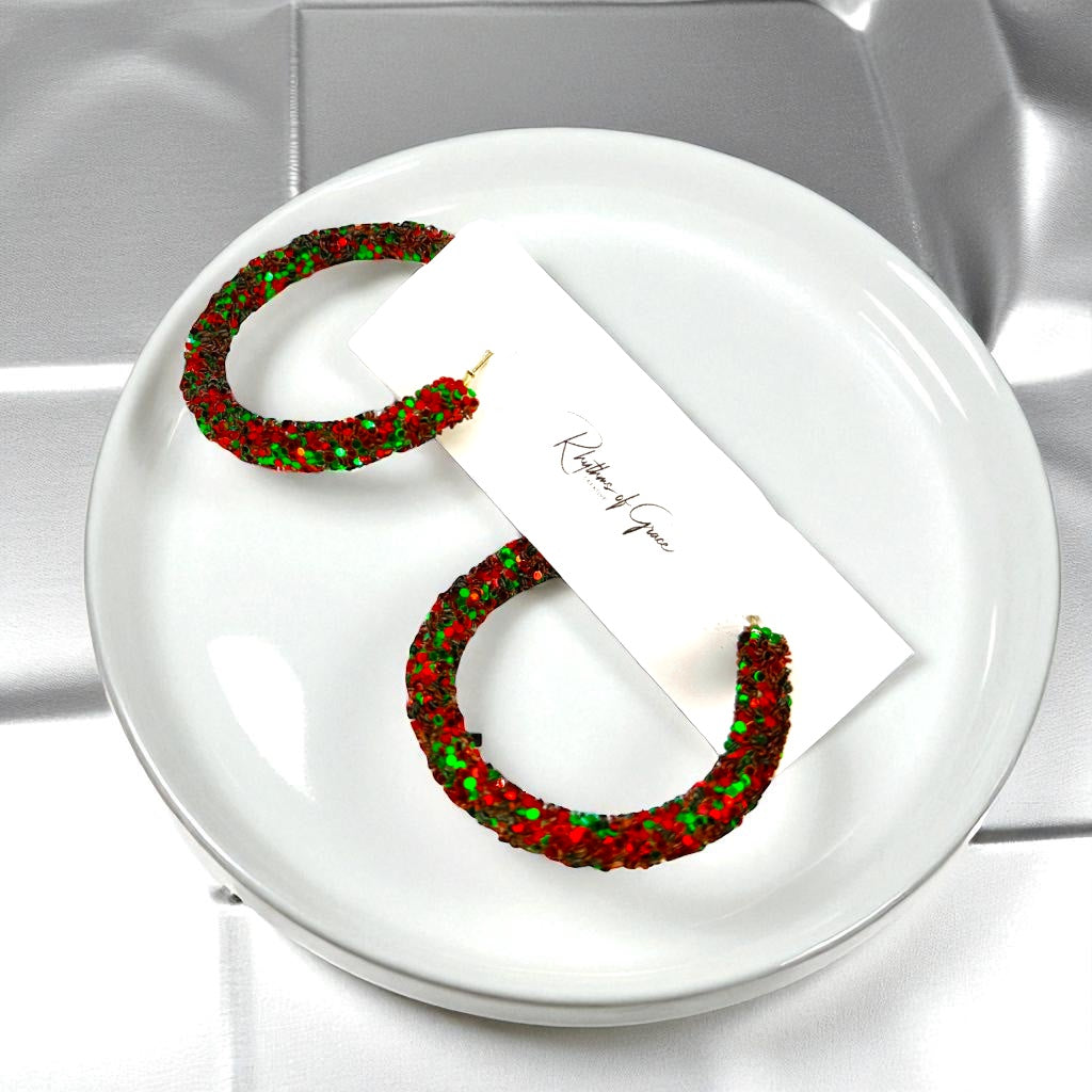 Sparkling Christmas Hoop Earrings: Dazzle in Red & White! ✨