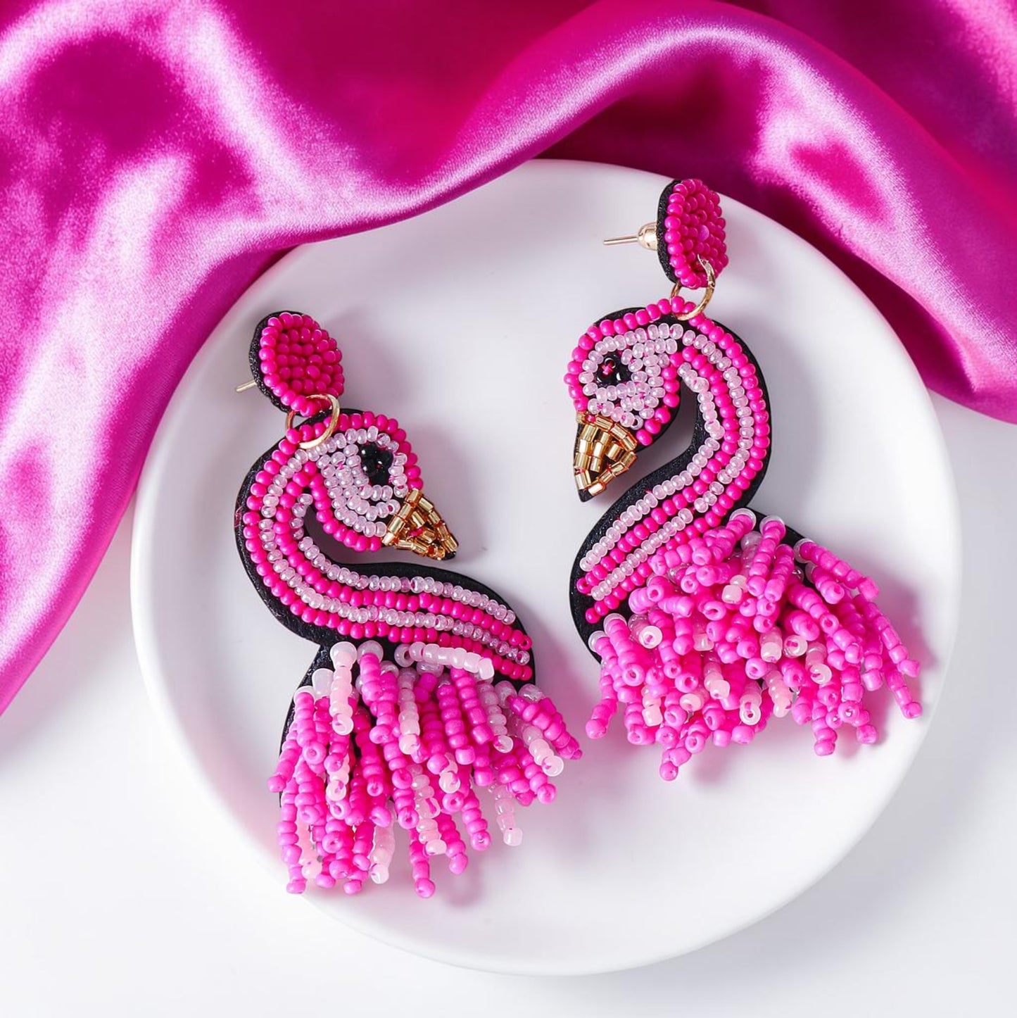 Tropical Chic: Hot Pink Beaded Flamingo Earrings for the Bold and Fashionable! 🌺🦩✨