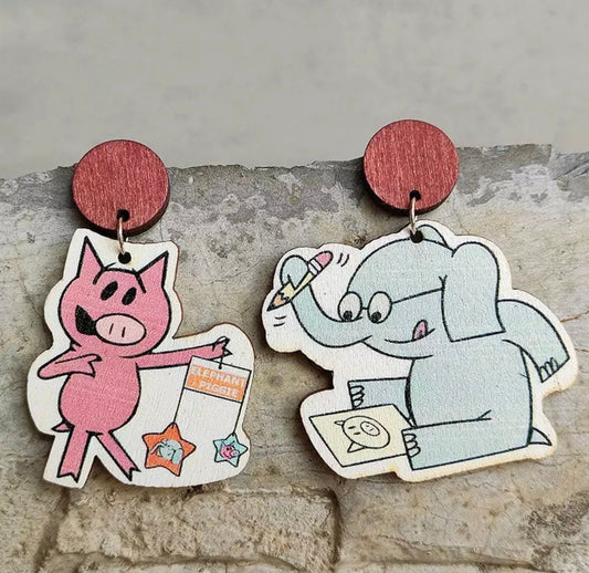 Back to School Earrings - Children Book Character, Teacher Earrings, Elementary School, Kindergarten Teacher, Librarian Gift, Piggy Elephant